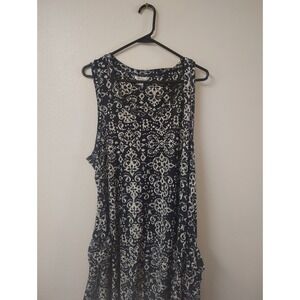 Kathryn Navy Blue White Damask Print Sleeveless Tank Top Plus Size 2X Pockets